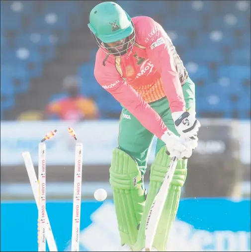  ??  ?? Brandon King’s miserable CPL T20 season continued yesterday when he was yorked first ball by Jamaica Tallawahs speedster Fidel Edwards for a duck. (Photo Courtesy CPLT20/Randy Brooks)