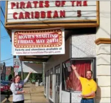  ?? DIGITAL FIRST MEDIA FILE PHOTO ?? Films returned to The State Theatre of Boyetown in May 2017 following a two year hiatus. Pictured: State Theatre Manager Shannon Anthony and Vice President Jake Zimmers beneath the State Theatre’s marquee announcing the first movie to be presented with...