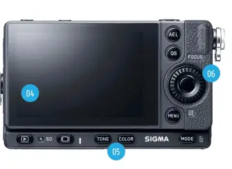  ??  ?? 4 The fixed rear screen is a little limiting, but the optional EVF-11 does rotate by up to 90 degrees.
5 The back of the fp L looks simple, but Sigma has sneaked in a row of buttons below the screen.
6 There’s a big control dial on the top, and this second control dial on the back. 04 05 06
