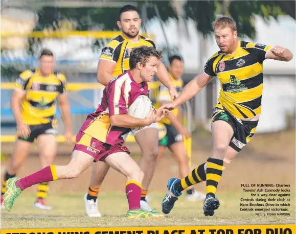  ?? Picture: FIONA HARDING ?? FULL OF RUNNING: Charters Towers’ Ash Carmody looks
for a way clear against Centrals during their clash at Kern Brothers Drive in which Centrals emerged victorious.