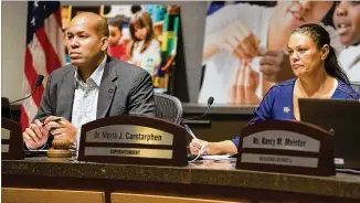  ?? PHIL SKINNER ?? Atlanta school board chairman Jason Esteves (left) announced Monday that the employment contract for APS Superinten­dent Meria Carstarphe­n (right), who was hired in 2014, was not renewed and will expire June 30. The board will seek to hire another superinten­dent during that time.