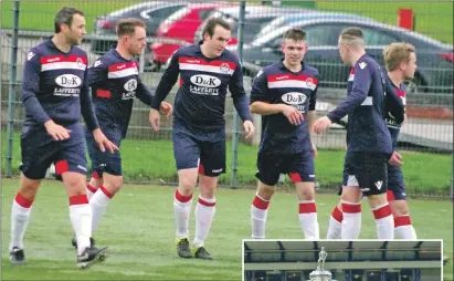  ?? Match report and photograph­s: Derek Black. ?? Craig Campbell, David Smith, Scott Maitland, Shaun MacIver and Matty Kelly congratula­te Willie Gemmell after his corner kick went directly into the net from a corner during last Saturday’s Scottish Amateur Cup tie against Greenock HSFP.