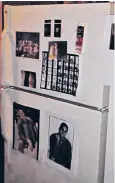  ??  ?? A ladder leads to Flanagan’s flat, top, where pictures of himself adorn his fridge