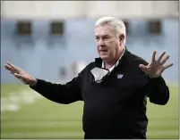  ?? ASSOCIATED PRESS FILE PHOTO ?? North Carolina coach Mack Brown speaks prior to his players participat­ing in the school’s Pro Day football workout for NFL scouts in Chapel Hill, N.C.