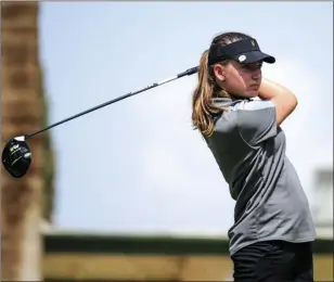  ??  ?? Holtville High’s Rachel Chambers follows the ball after teeing off during the first Imperial Valley League Golf Meet of the 2017 season at Del Rio Country Club in Brawley. SERGIO BASTIDAS FILE PHOTO