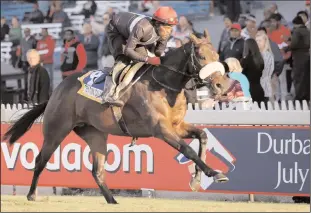  ?? Picture: Nkosi Hlophe ?? TEN GUN SALUTE (Kospendule Hlongwe) showed a lot of promise at this week’s gallops at Greyville and is quoted 17-2 fourth favourite. Muzi Yeni will be in the irons for Duncan Howells.