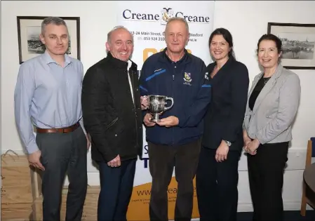  ??  ?? Creane &amp; Creane Insurance are the new sponsors of the Wexford Cup, from left: Alan McNally, Tony Doyle (Managing Director, Creane &amp; Creane), Denis Hennessy (Chairman of the Wexford Football League), Christine Bracken and Sinead Gaffney.