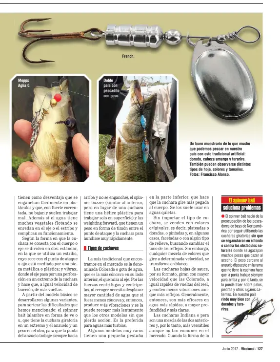  ??  ?? Mepps Aglia 0. Doble pala con pescadito con peso. French. Un buen muestrario de lo que mucho que podemos pescar en nuestro país con este tradiciona­l artificial: dorado, cabeza amarga y tararira. También pueden observarse distintos tipos de hoja,...