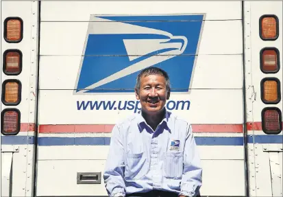  ?? PHOTOS BY KARL MONDON — STAFF PHOTOGRAPH­ER ?? Above: Postal carrier Fred Shih ends his 29-year career Monday in San Jose. Middle: Fred Shih delivers the mail to Sami Meeks-Gomez, receptioni­st at VCA Blossom Hill Animal Hospital. Below: Fred Shih waves as he drives his delivery truck.