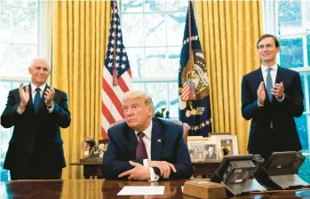  ?? ANNA MONEYMAKER/THE NEW YORK TIMES 2020 ?? Jared Kushner, right, and Vice President Mike Pence applaud President Donald Trump. During his four years in the White House, Kushner positioned himself as the measured alter ego to a volatile president.