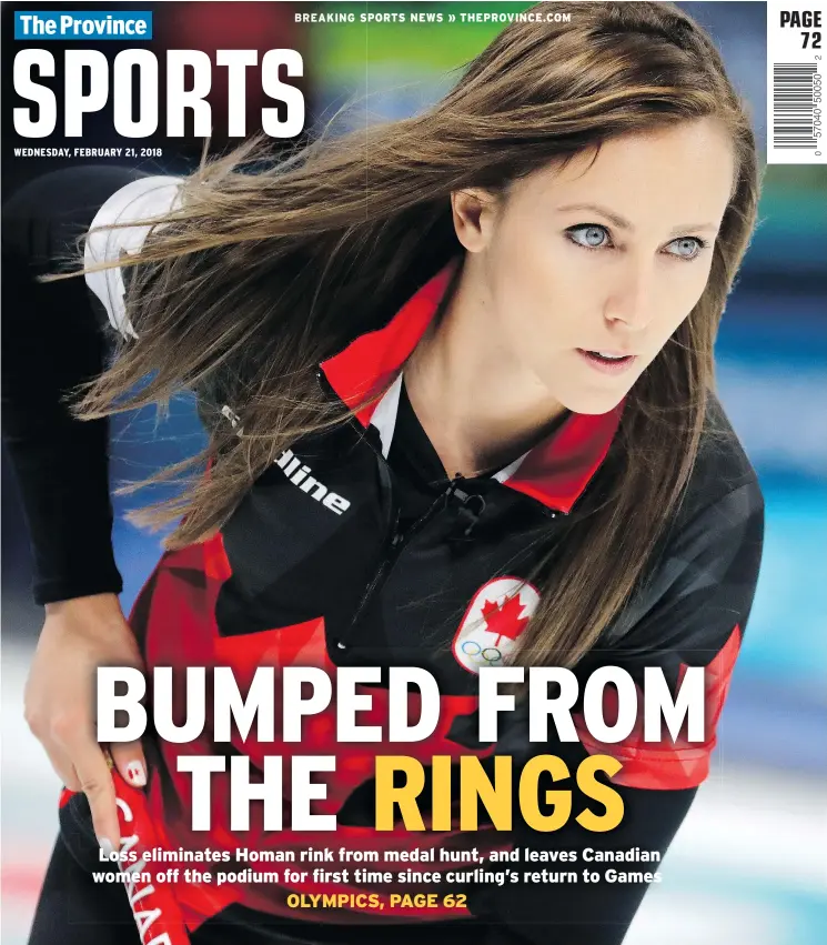  ?? — THE ASSOCIATED PRESS ?? Rachel Homan and Team Canada fell 6-5 to Great Britain’s Eve Muirhead during Olympic round robin play on Wednesday.