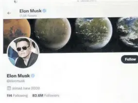  ?? ?? Part of the Twitter page of Elon Musk. The Tesla CEO gave the strongest hint yet Monday, May 16, 2022, that he would like to pay less for Twitter than his $44-billion offer made the previous month.