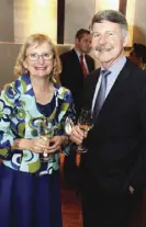  ??  ?? Australian Ambassador Amanda Gorely enjoys Wolf Blass wine with chief winemaker Chris Hatcher.