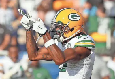  ?? JIM MATTHEWS / USA TODAY NETWORK-WISCONSIN ?? Packers wide receiver Davante Adams signals first down during a game against the Los Angeles Rams last season. Adams was targeted 169 times in 2018.