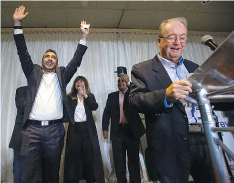  ?? JASON PAYNE ?? Surrey’s mayor-elect Doug McCallum, right, won back the seat he held from 1996 to 2005 by 17,000 votes in Saturday’s election.