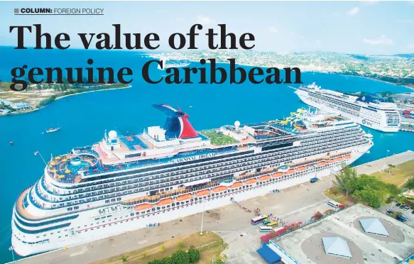  ??  ?? Aerial view of the ‘Carnival Dream’ docked earlier this year at the Montego Freeport Cruise Ship Terminal in Montego Bay, with two other ships in port.