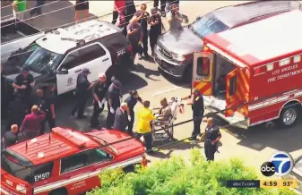  ?? KABC-TV ?? A photo from video shows shooting suspect Gerry Dean Zaragoza, 26, being wheeled to an ambulance after his arrest Thursday in the San Fernado Valley community of Canoga Park.