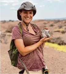  ?? Magdalena Palisson Kramer/Fairfield University/Contribute­d photos ?? Frances L. Forrest holds the fossil of a hippo’s ankle bone at the Koobi Fora site in northern Kenya in the summer of 2023.