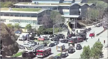  ?? PHOTO BY BRYCE C. VIA AFP ?? Emergency vehicles respond to reports of an active shooter at YouTube’s offices in San Bruno on Tuesday.