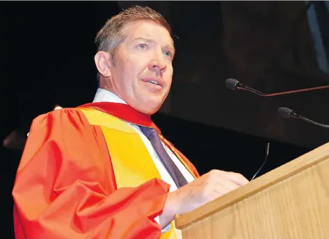  ?? RAE GRAHAM/COURTESY UNIVERSITY OF REGINA ?? Former NHL star Sheldon Kennedy addresses graduates and their families on Wednesday at the Conexus Arts Centre for the University of Regina convocatio­n exercises after receiving an honorary degree.