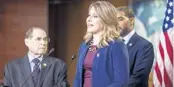  ?? ZACH GIBSON/GETTY ?? Rep. Katie Hill, D-Calif., speaks during a news conference in April. Hill, a rising star in the Democratic Party, announced Sunday that she is resigning amid a House ethics probe.