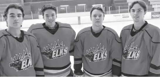  ?? CONTRIBUTE­D ?? Brookfield Jr. B Elks players Dawson Blanchard (left) Pablo De Larrinaga, Mitchell King and Sam Rogers prior to a recent practice.