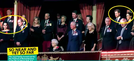  ??  ?? The royal family turned out for the Festival of Remembranc­e at the Royal Albert Hall, but William, Kate, Harry and Meghan noticeably kept their distance from each other. SO NEAR AND YET SO FAR