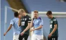  ??  ?? Ben Mee reacts as he leaves the field after a shameful night for Burnley. Photograph: Martin Rickett/AP