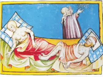  ??  ?? Miniature out of the Toggenburg Bible (Switzerlan­d) of 1411. The disease is widely believed to be the plague. The location of bumps or blisters on these people, however, is more consistent with smallpox.