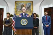  ?? EVAN VUCCI / ASSOCIATED PRESS ?? President Joe Biden speaks Wednesday in the Roosevelt Room of the White House in Washington. From left, Office of Management and Budget Director Shalanda Young, Biden, Cecilia Rouse, chair of the Council of Economic Advisers, and Brian Deese, Assistant to the President and Director of the National Economic Council.