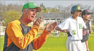  ??  ?? / FOR THE JOURNAL SENTINEL
Milwaukee Hamilton’s Jeff Hogan shouts encouragem­ent to a batter. He’s been head coach since 1991.