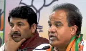  ?? — ASIAN AGE ?? Ved Parkash with Delhi BJP chief Manoj Tiwari at a press conference on Monday.