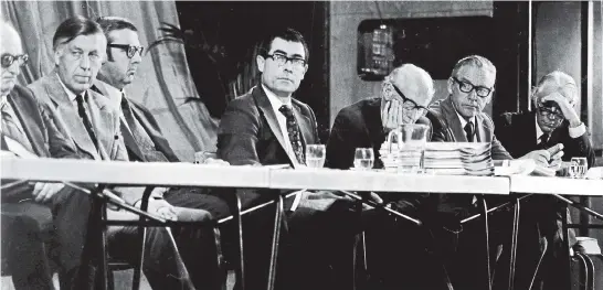  ?? STUFF ?? John Russell, centre, facing the camera, at a 1977 hearing into the collapse of Securitiba­nk. Top right, at his home in Kawakawa Bay, near Auckland, in 2010.