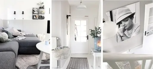  ??  ?? Links Die halbhoch gestrichen­e Wand addiert im Wohnzimmer Behaglichk­eit. Mitte Den kleinen Flur mag Britta am liebsten hell und leicht. Rechts Eleganter Mix aus Weiß, Zartgrau und wenigen dunklen Akzenten – die Treppe und der Eingang sind ein beliebtes Instagram-Motiv.
