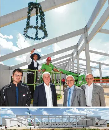  ?? Fotos: Bernhard Weizenegge­r ?? Etwa 3,3 Millionen Euro kostet das neue Wertstoffz­entrum der Kreisabfal­lwirtschaf­t in Leipheim an der Schleifstr­aße. Das Foto zeigt unter der Richtfest Krone Bauingenie­ur Thomas Bosch und Polier Georg Gschwilm sowie (vorne von links) Bauleiter Johan...