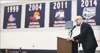  ?? Associated Press file photo ?? Dan Hurley speaks after being introduced as the new UConn men’s basketball coach.