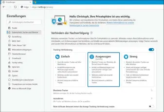  ??  ?? Der neue Microsoft-browser für Windows 10, Edge, setzt auf Profile. Idealerwei­se folgen Sie der Empfehlung „Ausgewogen“und legen je nach Wunsch Ausnahmen für Webseiten fest.