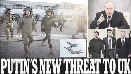  ?? (Daily Mail) ?? President Volodymyr Zelenskyy made his first visit to Britain since the outbreak of the invasion last year, warning that the war could ‘stagnate’ if jets (inset) are not forthcomin­g from the West.