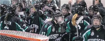  ??  ?? University of Saskatchew­an Huskies were all smiles after their victory over UBC at Rutherford Rink on Saturday.