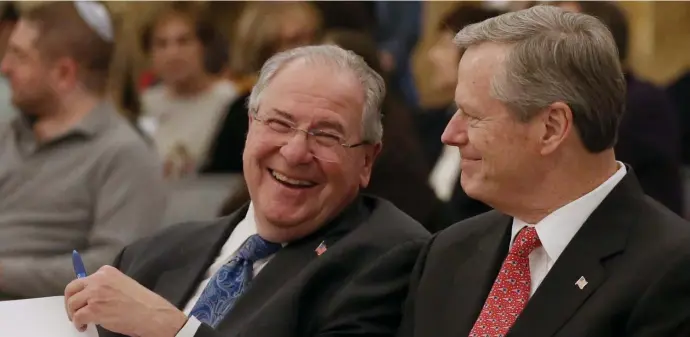  ?? ANGELA ROWLINGS PHOTOS / HERALD STAFF FILE ?? ARE YOU KIDDING? House Speaker Robert DeLeo laughs with Gov. Charlie Baker at a Dec. 23 event. DeLeo is more serious about the TCI gas fee proposed by Baker, saying he’s ‘concerned’ about the plan. That’s a sentiment echoed by Rep. William Straus, below, co-chairman of the Transporta­tion Committee.