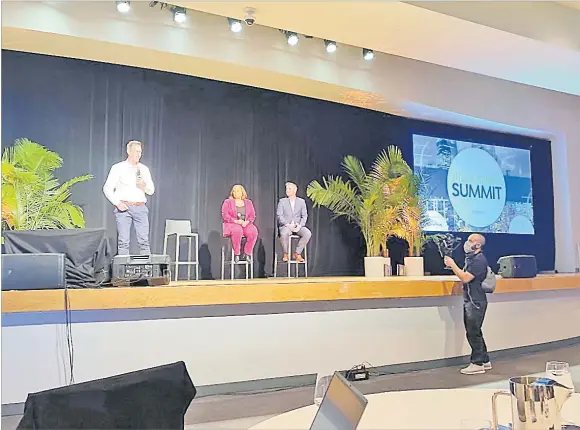  ?? Picture: SUPPLIED ?? Tourism Fiji chief executive officer Brent Hill speaks to influencer­s and tourism industry profession­als at the recent IMM USA – the Trav Media Summit in New York.