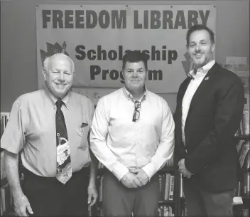  ?? LOANED PHOTOS FROM HOWARD BLITZ ?? HOWARD BLITZ, FOUNDER OF THE FREEDOM LIBRARY, was joined by guest speakers Kiran Hill (center) and Josh Stanwitz (right) in discussing Realism and Restraint.