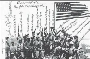  ?? Courtesy of United States Marine Corps ?? Marines celebrate during the second flag-raising on Iwo Jima on Feb. 23, 1945.