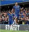  ??  ?? Diego Costa celebrates after scoring Chelsea’s first goal in the 3-0 win over Middlesbro­ugh.