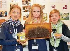  ??  ?? Johanna Wiechert, Mara Leuschner und Kati Schöne (von links) vom Roman-Herzog-Gymnasium Schmölln analysiert­en Honigsorte­n nach Aussehen, Konsistenz und Geschmack. Dafür benutzten sie ein Mikroskop und eine Zentrifuge. Alle Ergebnisse wurden...