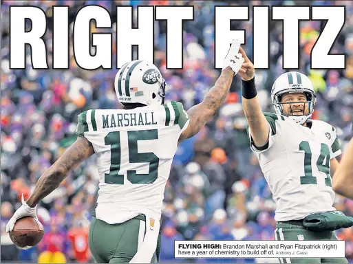  ?? Anthony J. Causi ?? FLYING HIGH: Brandon Marshall and Ryan Fitzpatric­k (right) have a year of chemistry to build off of.
