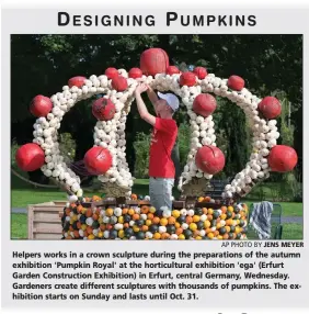  ?? AP PHOTO BY JENS MEYER ?? Helpers works in a crown sculpture during the preparatio­ns of the autumn exhibition 'Pumpkin Royal' at the horticultu­ral exhibition 'ega' (Erfurt Garden Constructi­on Exhibition) in Erfurt, central Germany, Wednesday. Gardeners create different sculptures with thousands of pumpkins. The exhibition starts on Sunday and lasts until Oct. 31.