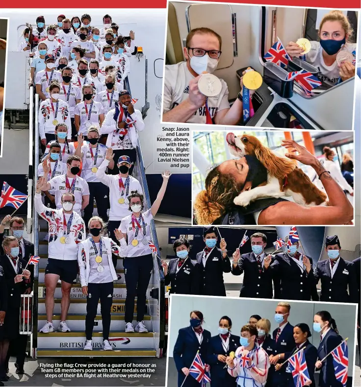  ??  ?? Flying the flag: Crew provide a guard of honour as Team GB members pose with their medals on the steps of their BA flight at Heathrow yesterday