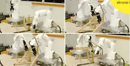  ??  ?? De två robotarna koordinera­r sina rörelser för att foga ihop stolens olika delar. Men än så länge klarar de inte av att skruva i skruvarna.