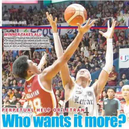  ?? PHOTO BY DENNIS ABRINA ?? WINNER TAKES ALL
JD Pagulayan of Perpetual Help and George Diamante
Jr. of Letran contend for the rebound in Game 2 of the NCAA Season 99 juniors basketball finals on Wednesday, March 20, 2024, at the Filoil EcoOil Center in San Juan City.